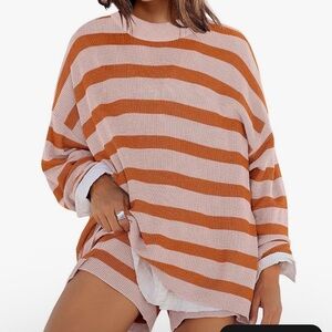 Striped Oversized Knit Sweater - Orange and Cream